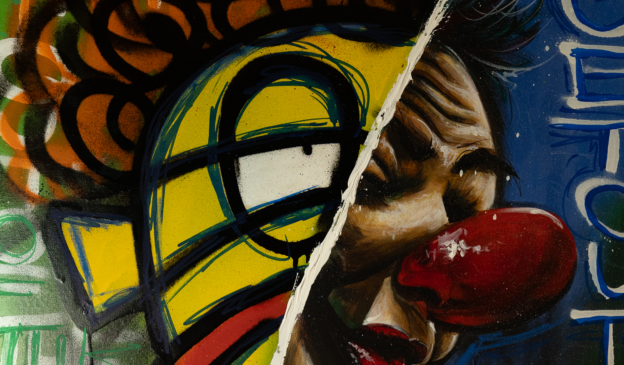 Close view of a colourful painting combining portraiture and graffiti marks